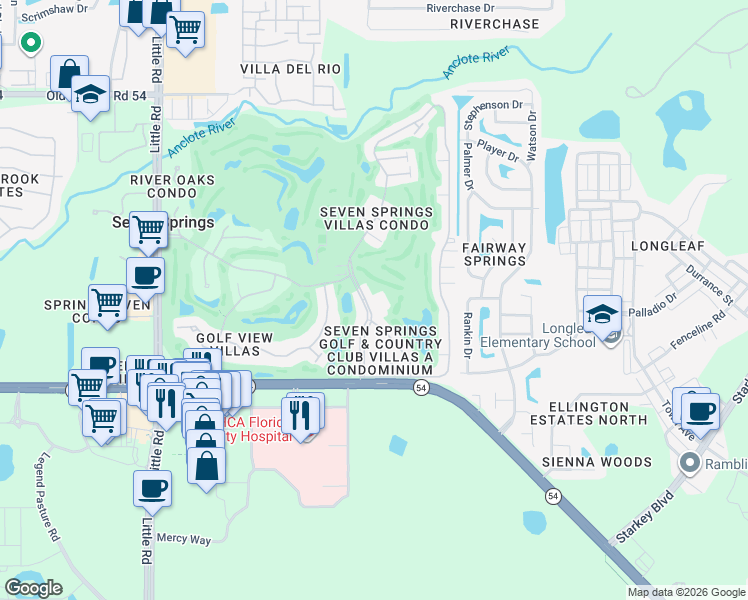 map of restaurants, bars, coffee shops, grocery stores, and more near 3443 Trophy Boulevard in New Port Richey