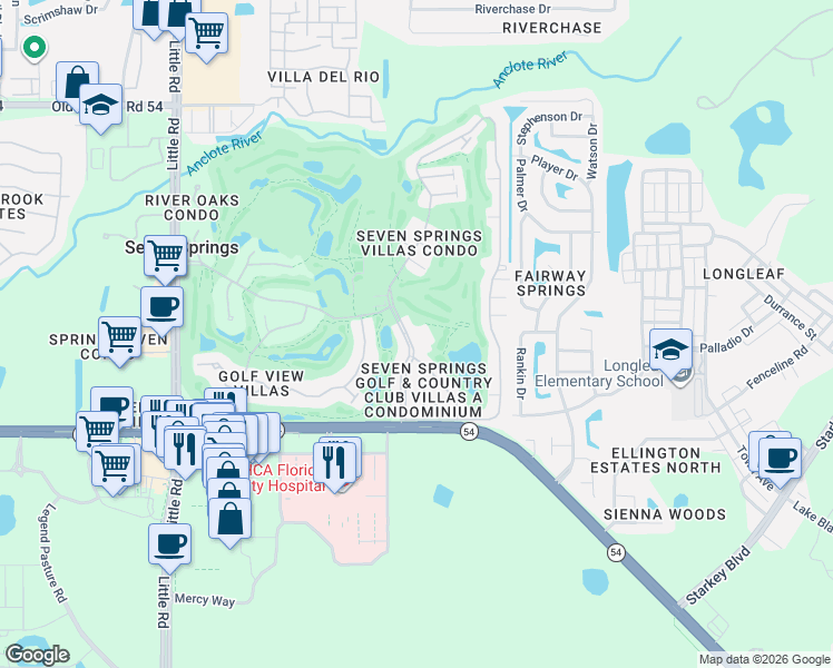 map of restaurants, bars, coffee shops, grocery stores, and more near 3444 Trophy Boulevard in New Port Richey