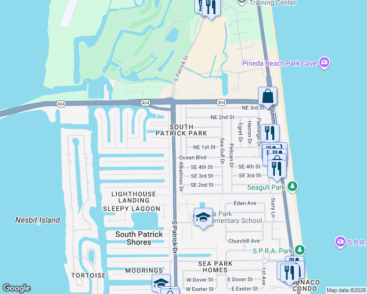 map of restaurants, bars, coffee shops, grocery stores, and more near 120 Melaleuca Drive in Satellite Beach