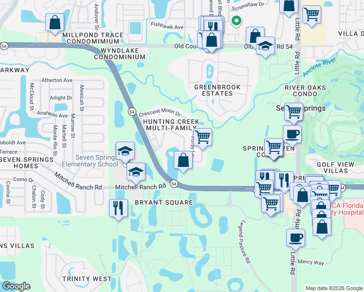 map of restaurants, bars, coffee shops, grocery stores, and more near 3519 Heron Island Drive in New Port Richey