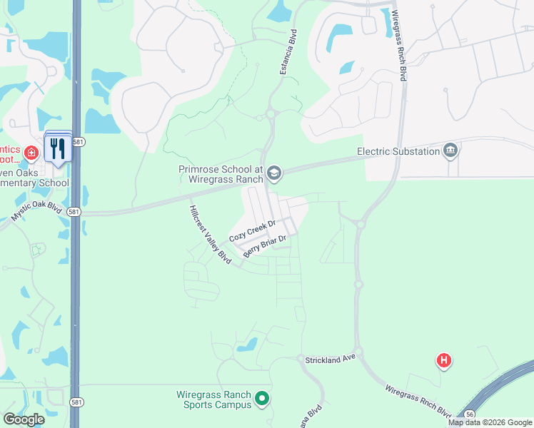 map of restaurants, bars, coffee shops, grocery stores, and more near 3601 Front Park Drive in Wesley Chapel