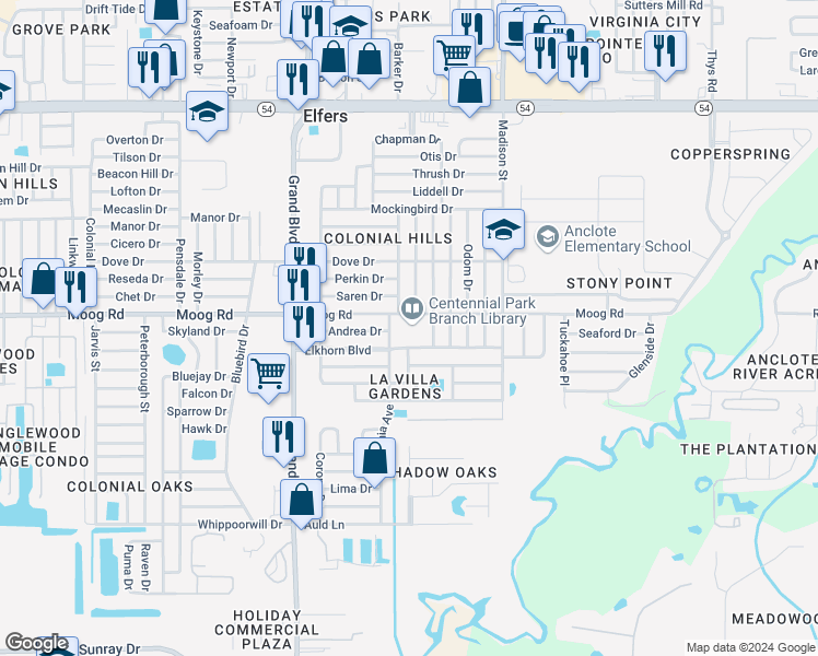 map of restaurants, bars, coffee shops, grocery stores, and more near 5744 Moog Rd in Elfers