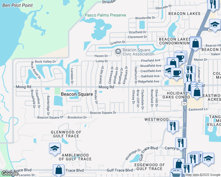 map of restaurants, bars, coffee shops, grocery stores, and more near 3830 Moog Road in Holiday