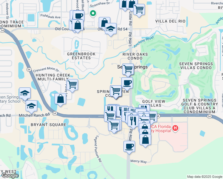 map of restaurants, bars, coffee shops, grocery stores, and more near 8815 Manos Circle in New Port Richey