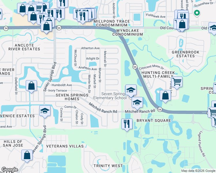 map of restaurants, bars, coffee shops, grocery stores, and more near 7974 Griswold Loop in New Port Richey