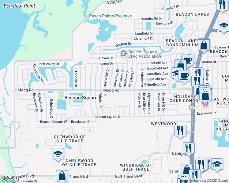 map of restaurants, bars, coffee shops, grocery stores, and more near 3824 Moog Road in Holiday
