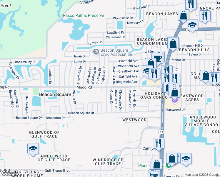 map of restaurants, bars, coffee shops, grocery stores, and more near 3427 Ottway Drive in Holiday