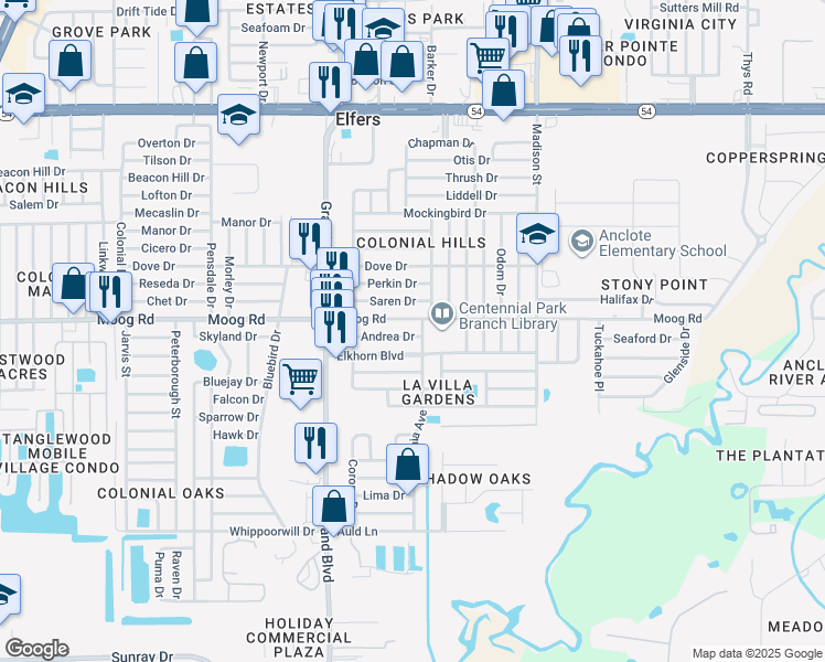 map of restaurants, bars, coffee shops, grocery stores, and more near 5646 Andrea Drive in Holiday