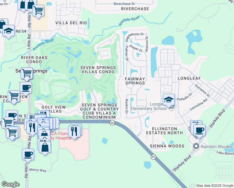 map of restaurants, bars, coffee shops, grocery stores, and more near 3429 Teeside Drive in New Port Richey