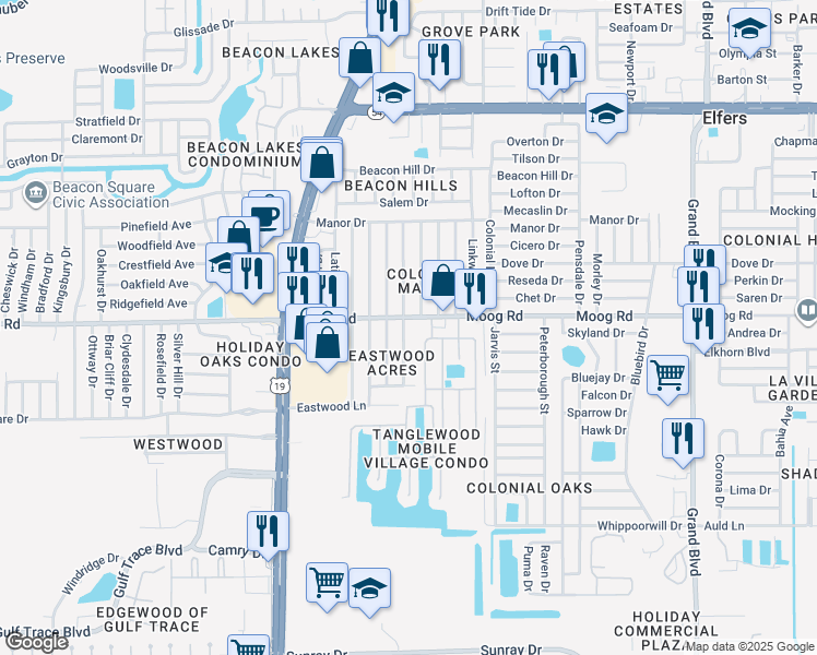 map of restaurants, bars, coffee shops, grocery stores, and more near 3420 Chatford Drive in Holiday