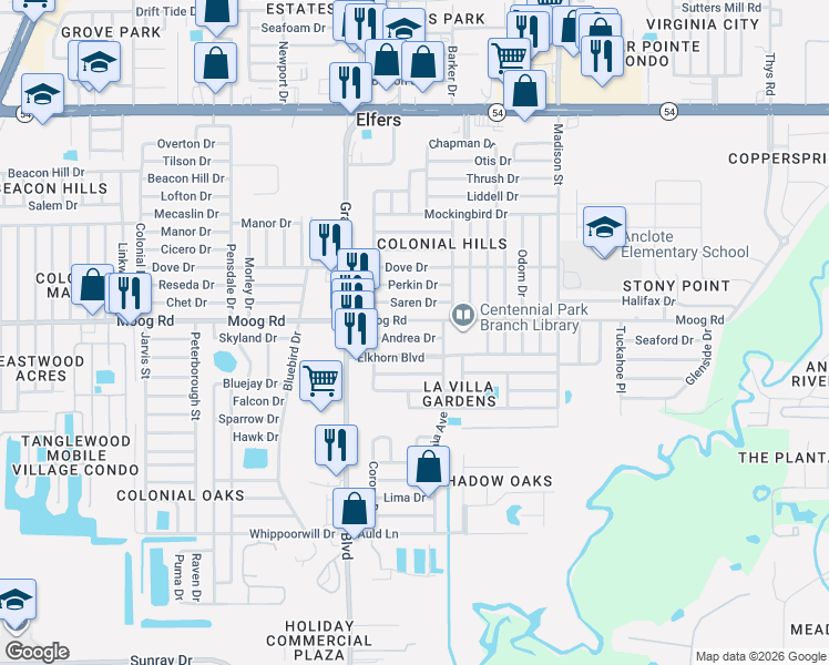 map of restaurants, bars, coffee shops, grocery stores, and more near 5633 Andrea Drive in Holiday