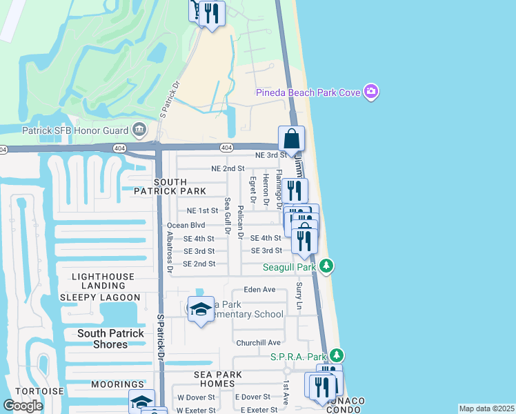 map of restaurants, bars, coffee shops, grocery stores, and more near 142 Northeast 1st Street in Satellite Beach