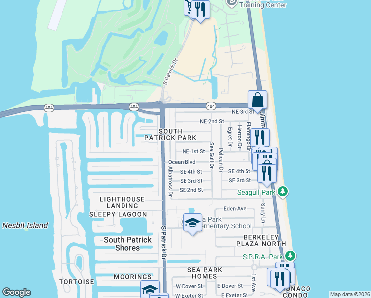 map of restaurants, bars, coffee shops, grocery stores, and more near 222 Northeast 1st Street in Satellite Beach
