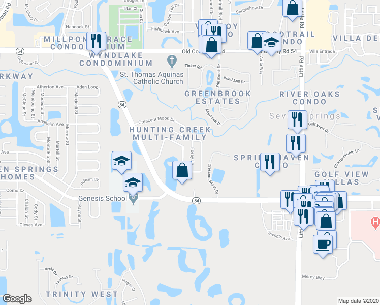 map of restaurants, bars, coffee shops, grocery stores, and more near 3539 Foray Lane in New Port Richey