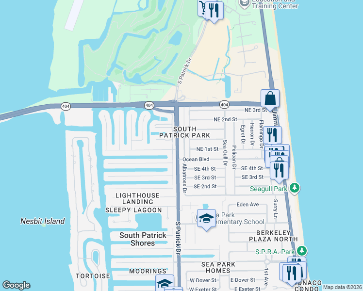 map of restaurants, bars, coffee shops, grocery stores, and more near 120 Melaleuca Drive in Satellite Beach