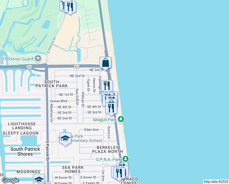map of restaurants, bars, coffee shops, grocery stores, and more near 199 Florida A1A in Satellite Beach