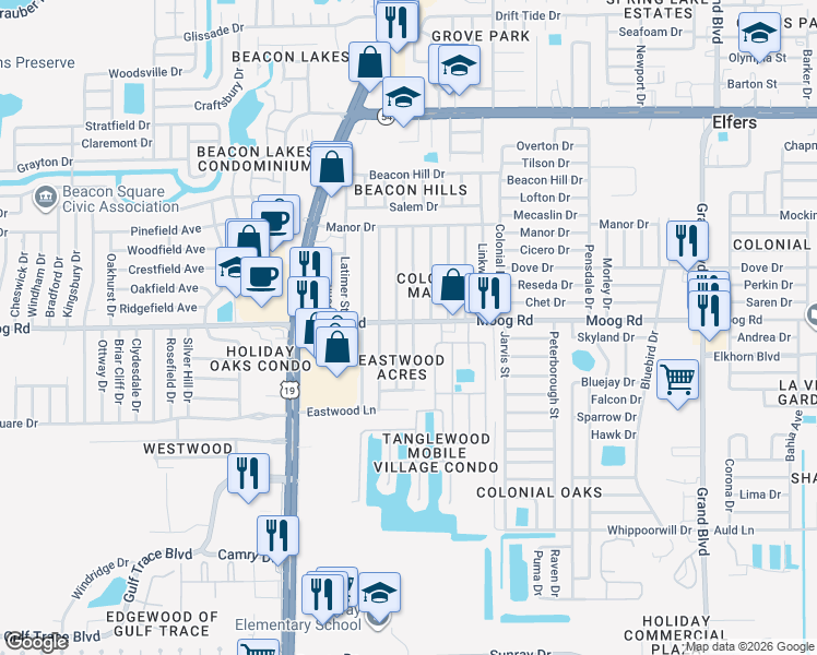 map of restaurants, bars, coffee shops, grocery stores, and more near 3426 Bedford Street in Holiday