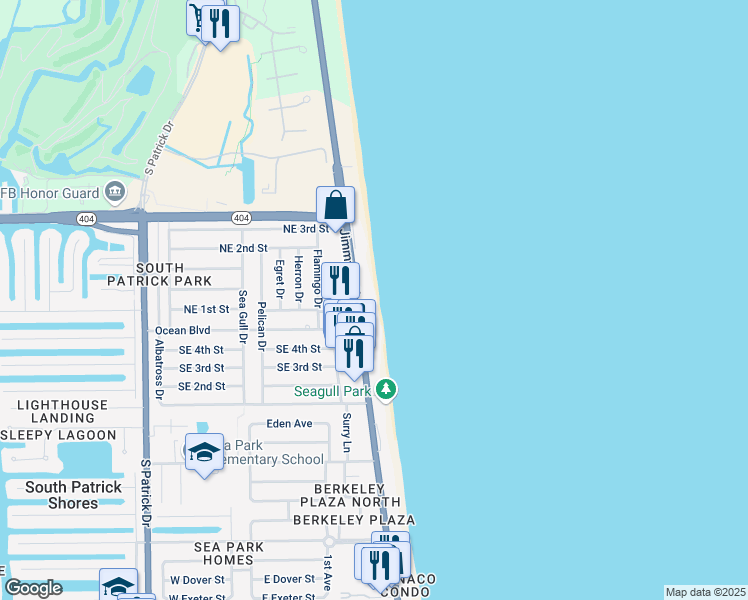 map of restaurants, bars, coffee shops, grocery stores, and more near 199 Florida A1A in Satellite Beach