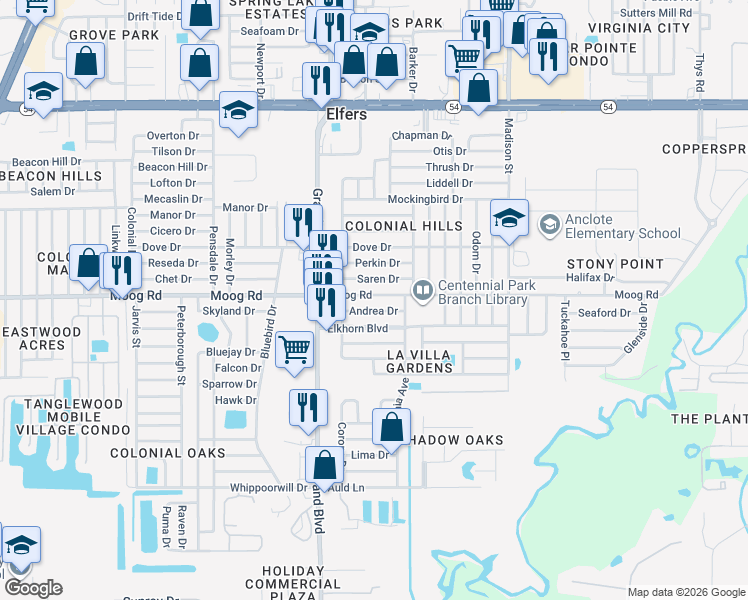 map of restaurants, bars, coffee shops, grocery stores, and more near 5626 Moog Road in Holiday