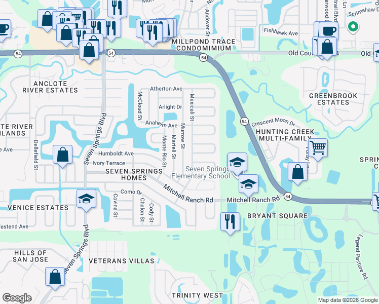 map of restaurants, bars, coffee shops, grocery stores, and more near 3451 Mexicali Street in New Port Richey