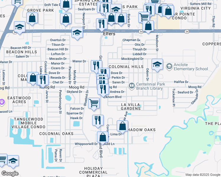 map of restaurants, bars, coffee shops, grocery stores, and more near 5546 Moog Road in Holiday