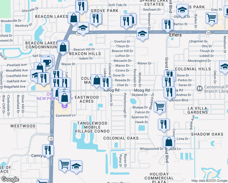 map of restaurants, bars, coffee shops, grocery stores, and more near 5026 Moog Road in Holiday