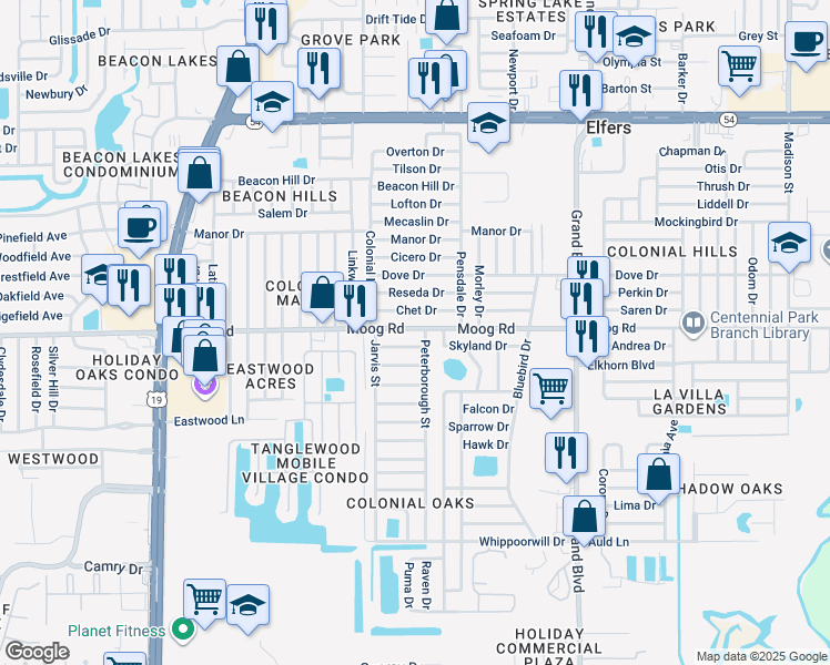 map of restaurants, bars, coffee shops, grocery stores, and more near 5110 Moog Road in Holiday