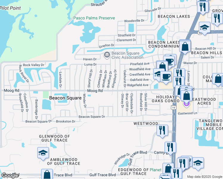 map of restaurants, bars, coffee shops, grocery stores, and more near 3503 Kingsbury Drive in Holiday
