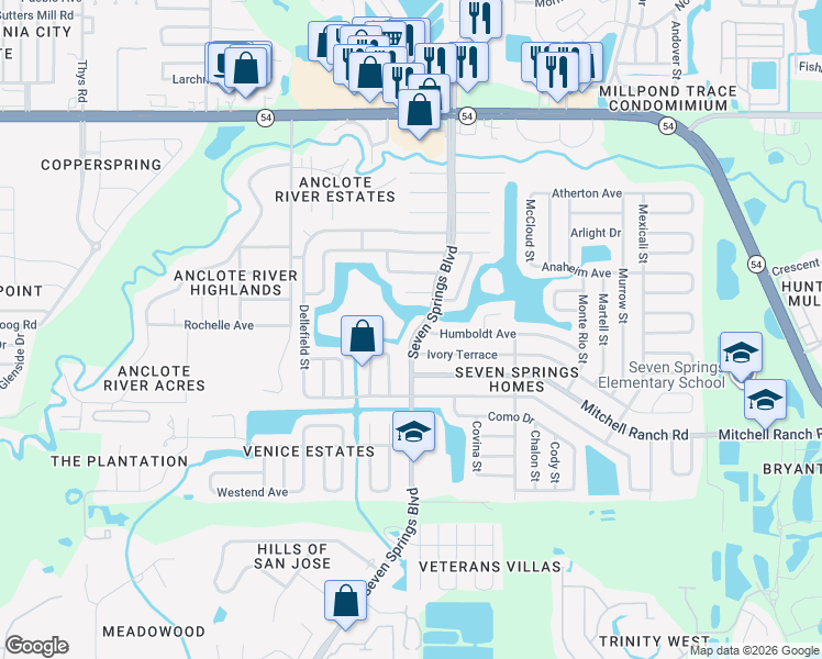 map of restaurants, bars, coffee shops, grocery stores, and more near 3451 Van Nuys Loop in New Port Richey