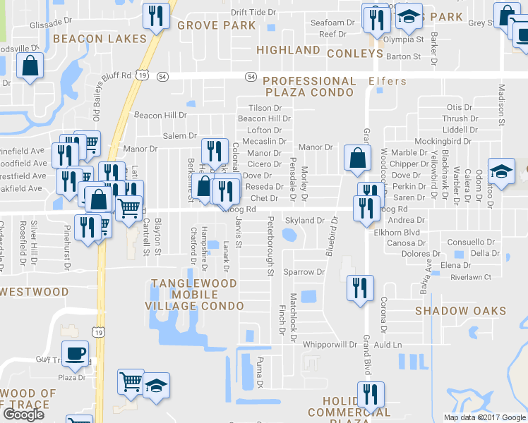 map of restaurants, bars, coffee shops, grocery stores, and more near 5110 Moog Road in Holiday