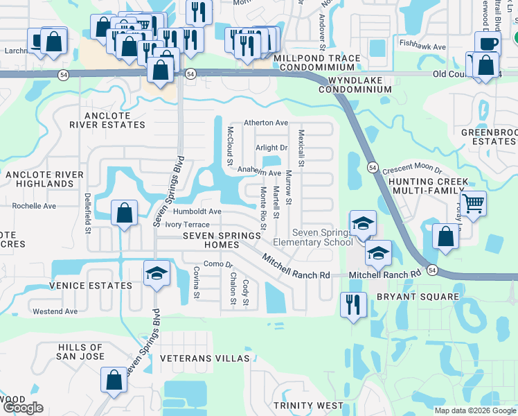 map of restaurants, bars, coffee shops, grocery stores, and more near 3426 Monte Rio Street in New Port Richey