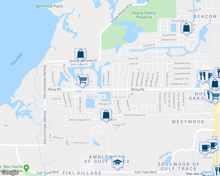 map of restaurants, bars, coffee shops, grocery stores, and more near 3504 Edenwood Drive in Holiday