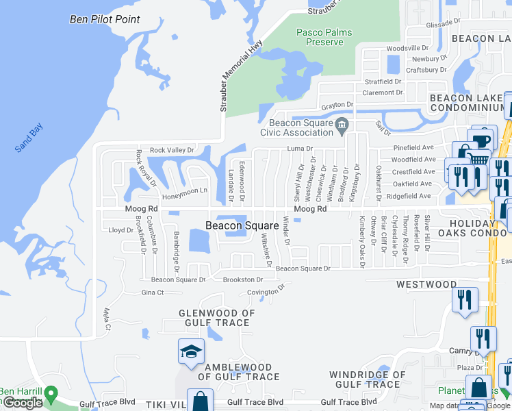 map of restaurants, bars, coffee shops, grocery stores, and more near 3504 Springfield Drive in Holiday
