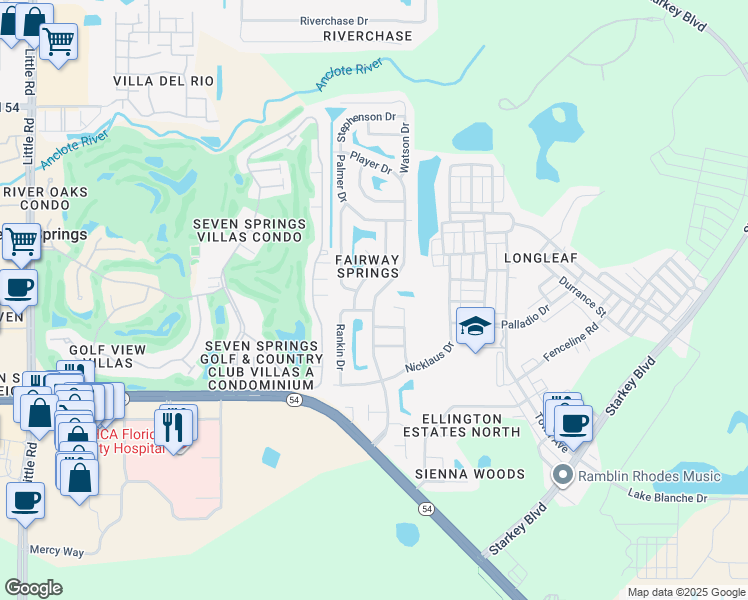 map of restaurants, bars, coffee shops, grocery stores, and more near 3504 Player Drive in New Port Richey