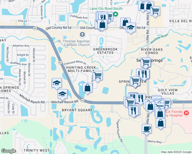 map of restaurants, bars, coffee shops, grocery stores, and more near 3543 Hunting Creek Loop in New Port Richey