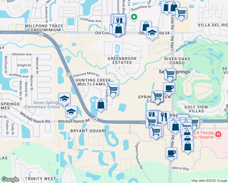 map of restaurants, bars, coffee shops, grocery stores, and more near 3618 Hunting Creek Loop in New Port Richey