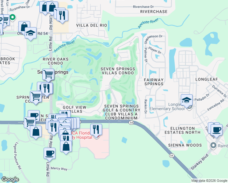 map of restaurants, bars, coffee shops, grocery stores, and more near 3504 Trophy Boulevard in New Port Richey