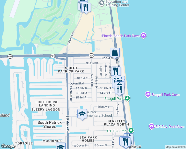 map of restaurants, bars, coffee shops, grocery stores, and more near 600 Seagull Drive in Satellite Beach