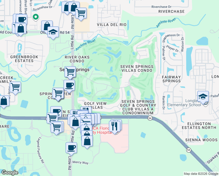 map of restaurants, bars, coffee shops, grocery stores, and more near 9307 Golf View Drive in New Port Richey