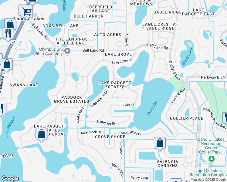 map of restaurants, bars, coffee shops, grocery stores, and more near 3633 Greatwood Court in Land O' Lakes