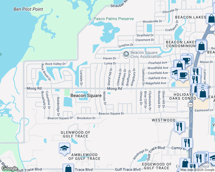 map of restaurants, bars, coffee shops, grocery stores, and more near 3535 Sheryl Hill Drive in Holiday