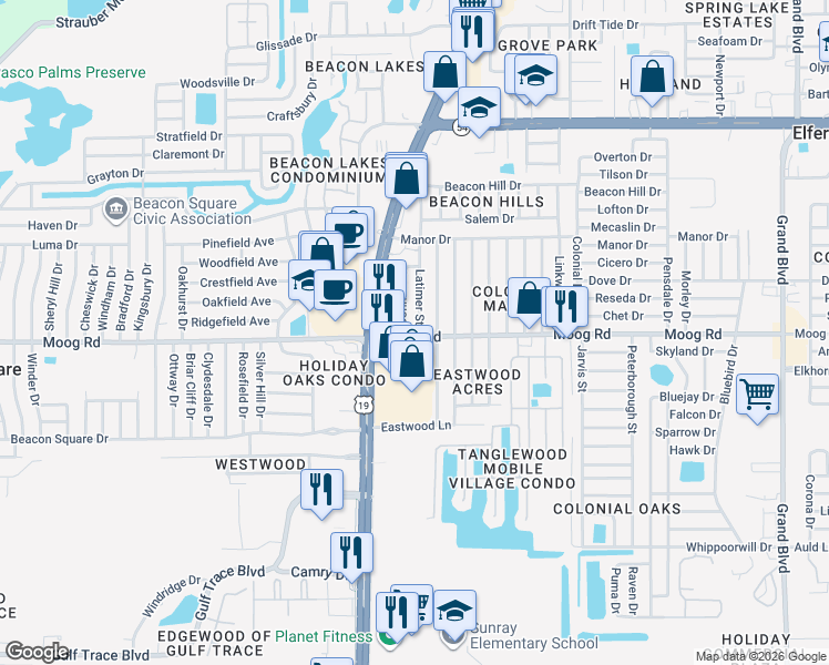 map of restaurants, bars, coffee shops, grocery stores, and more near 3529 Connon Drive in Port Richey