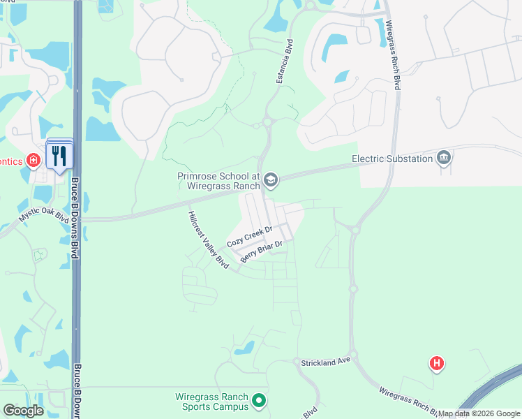 map of restaurants, bars, coffee shops, grocery stores, and more near 3715 Persimmon Park Drive in Wesley Chapel