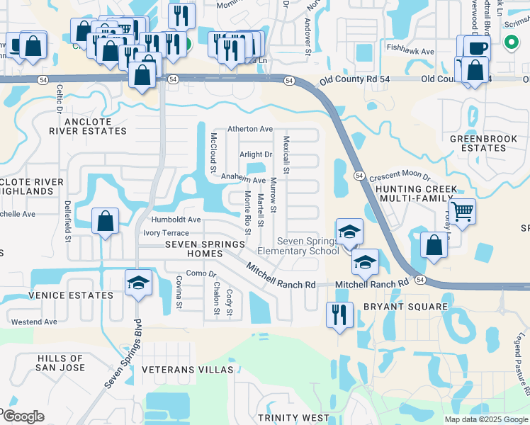 map of restaurants, bars, coffee shops, grocery stores, and more near 3506 Martell Street in New Port Richey
