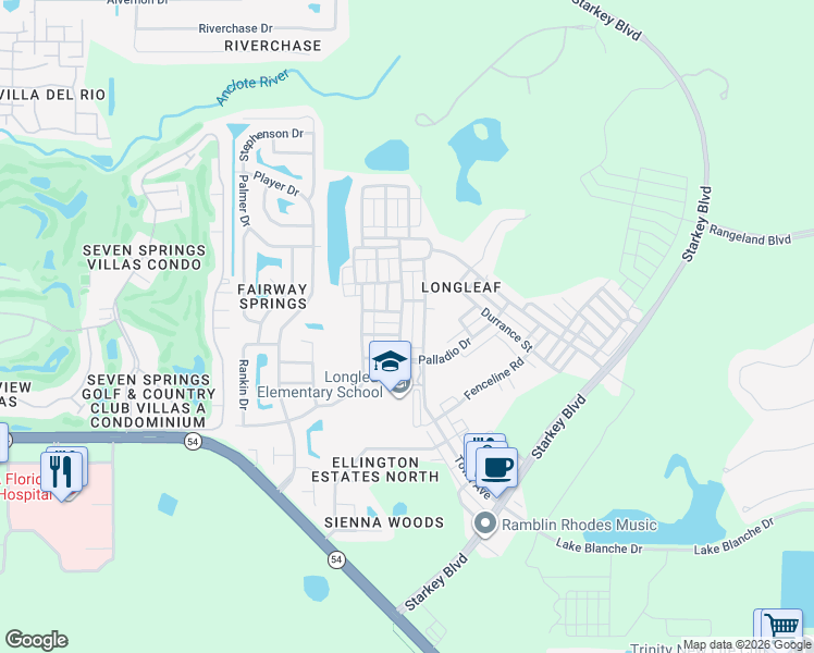 map of restaurants, bars, coffee shops, grocery stores, and more near 10134 Hemingway Street in New Port Richey