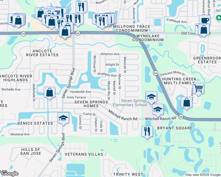 map of restaurants, bars, coffee shops, grocery stores, and more near 3526 Monte Rio Street in New Port Richey