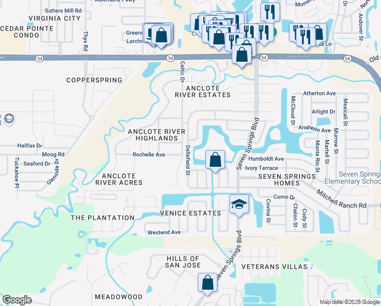 map of restaurants, bars, coffee shops, grocery stores, and more near 3536 Hartland Drive in New Port Richey