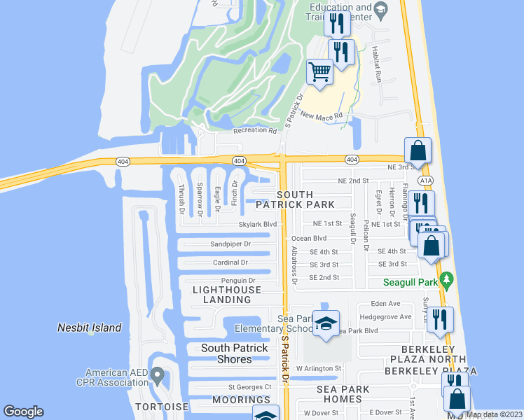 map of restaurants, bars, coffee shops, grocery stores, and more near 438 Dove Lane in Satellite Beach