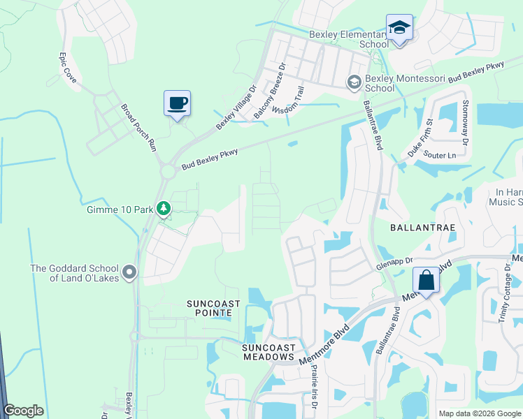 map of restaurants, bars, coffee shops, grocery stores, and more near 17202 Amber Aspen Way in Land O' Lakes