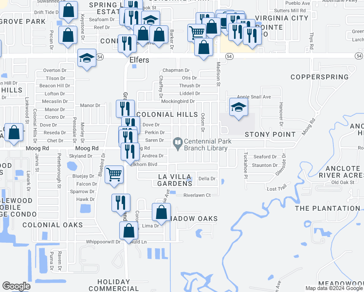 map of restaurants, bars, coffee shops, grocery stores, and more near 3506 Blackhawk Drive in New Port Richey